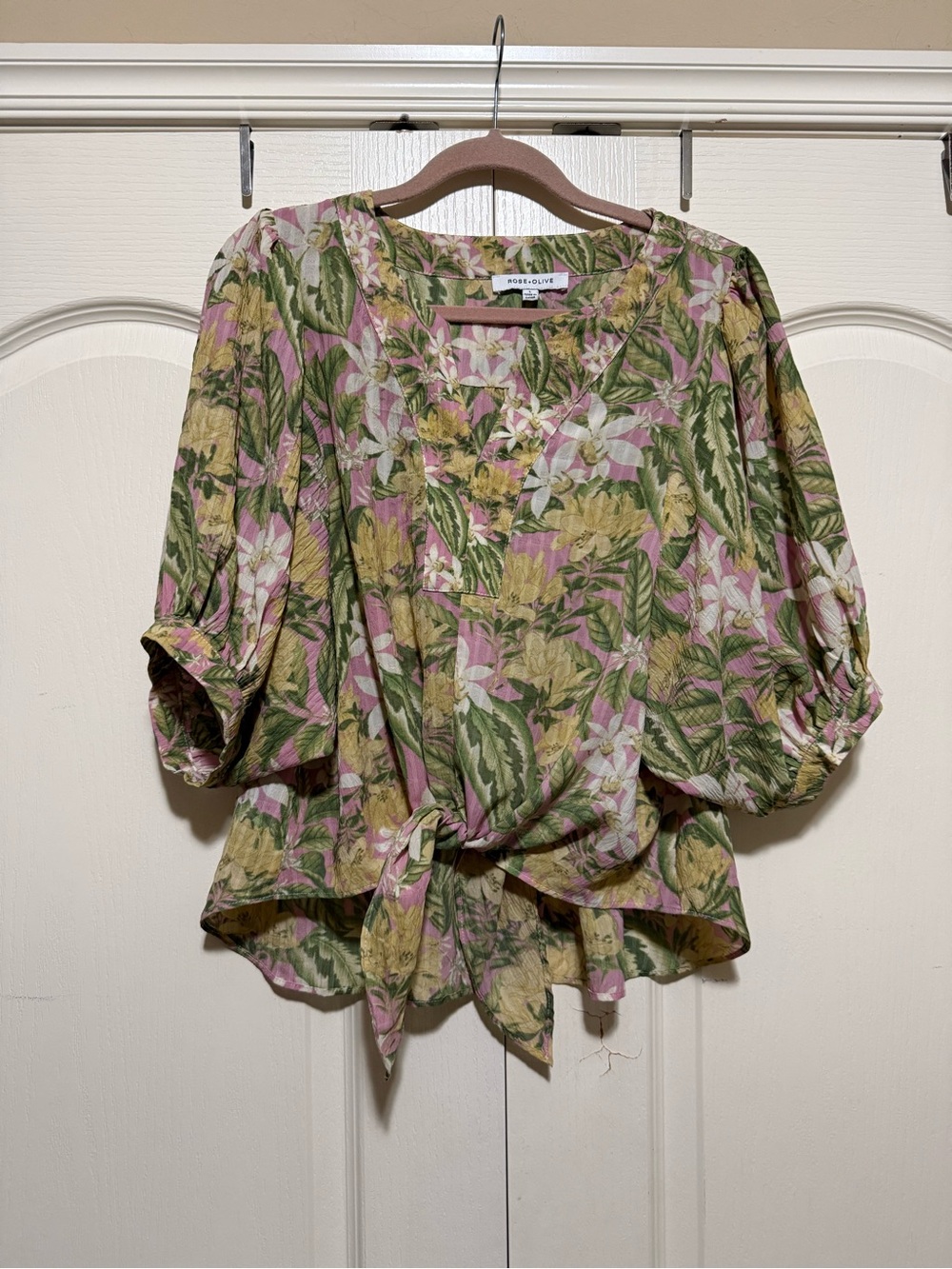 Rose & Olive Floral Tie-Front Blouse in Pink and Green